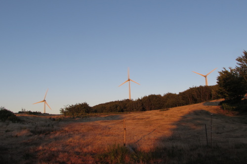 Éoliennes au col de Fontfroide, 973 m, montagne de l’Espinouse, Hérault, au coucher du soleil
